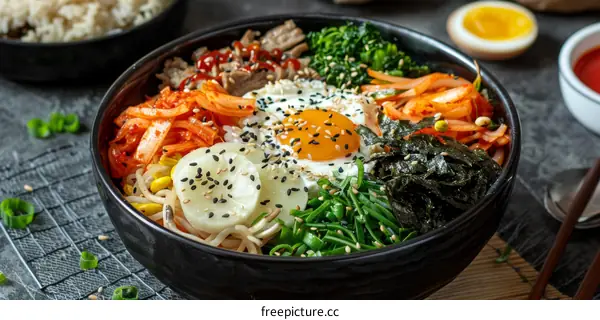 Korean Bibimbap with Vegetables, Egg, and Rice