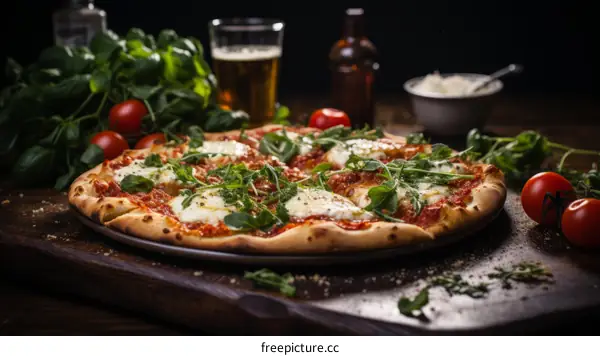 A delicious pizza with fresh basil, tomatoes, and mozzarella cheese