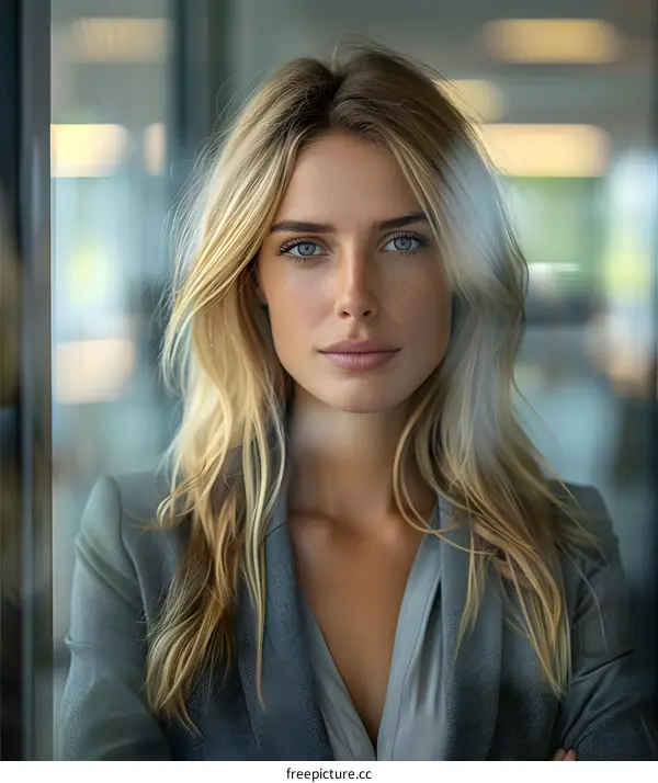 portrait of a beautiful blonde woman in a gray suit