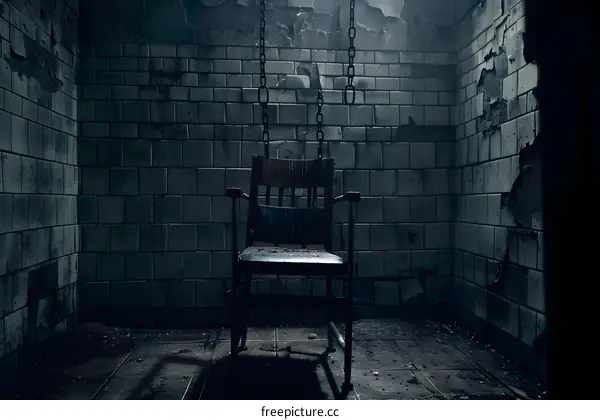 Old Chair In A Room With Tile Walls And Chains