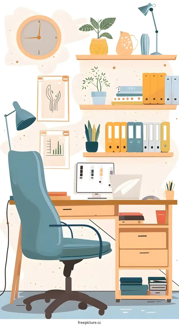 Office Interior Design with Desk, Chair and Bookshelf
