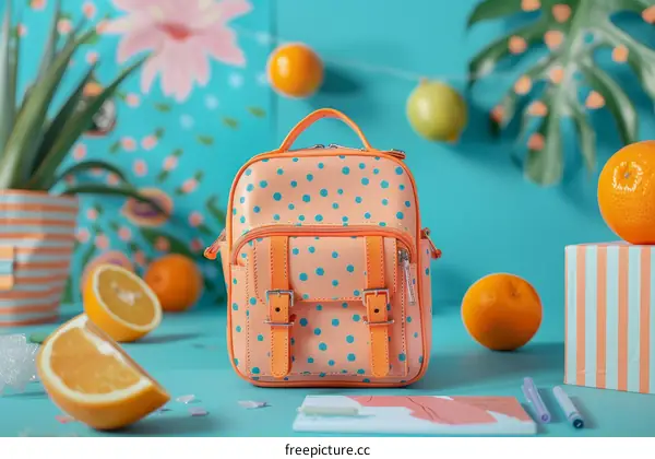 Cute Polka Dot Backpack with Blue Background and Orange Buckles