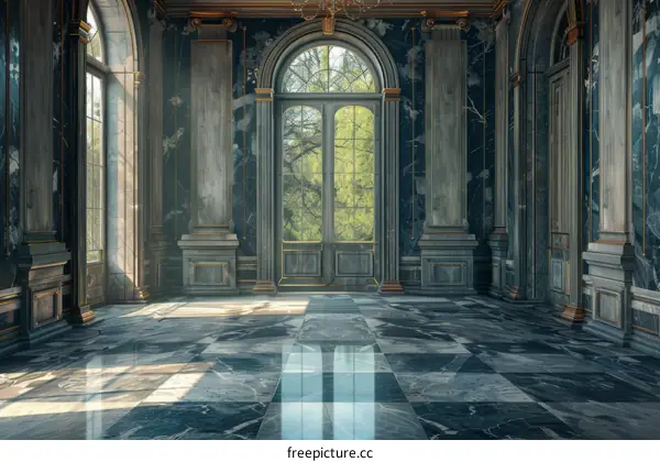 Grand Hall Interior with Marble Floor and Floor-to-Ceiling Windows