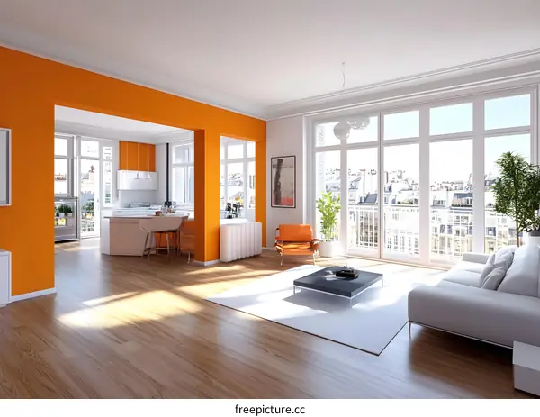 Modern Living Room Interior Design with Orange Wall and City View