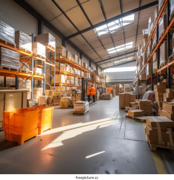 Warehouse workers in a modern warehouse with high shelves full of neatly arranged boxes and a forklift in the background