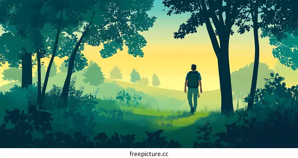Man Walking Through Forest Landscape Illustration
