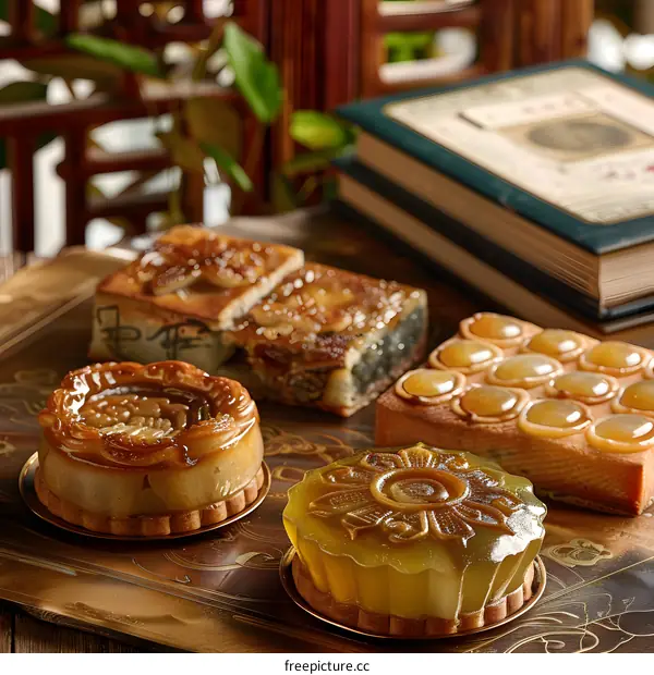 Closeup of Delicious Chinese Mooncakes on Golden Tray