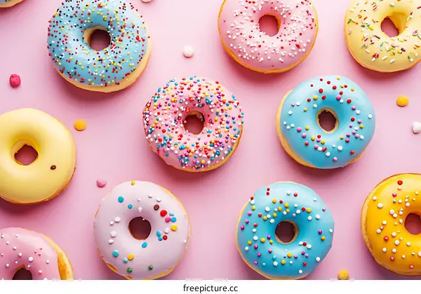 Colorful Donuts with Sprinkles on Pink Background