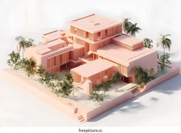 Modern Architectural Design of a Building with Trees and People