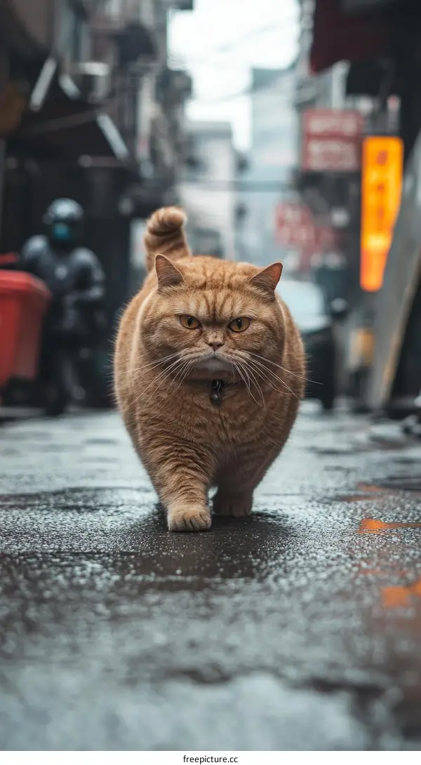 Ginger Cat Walking in a City Alleyway