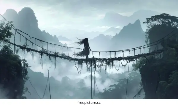A woman walking on a rope bridge in the jungle