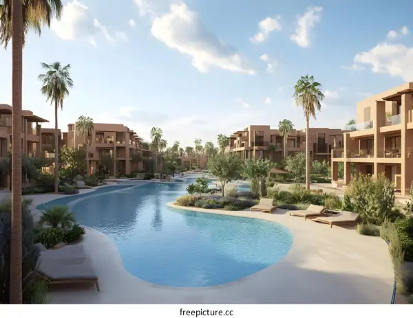 Modern Resort With Swimming Pool and Palm Trees