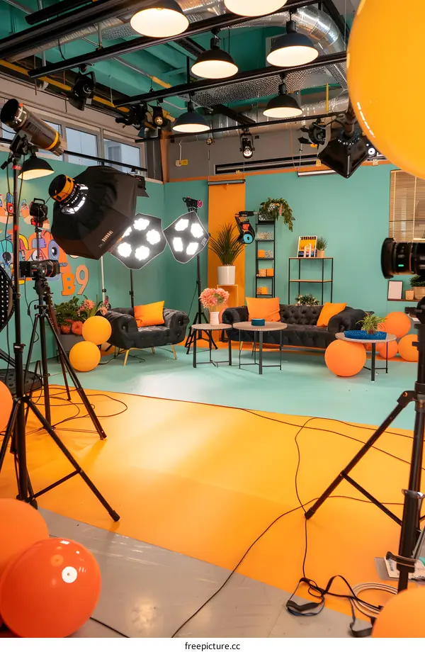 Colorful Studio Set with Lighting Equipment
