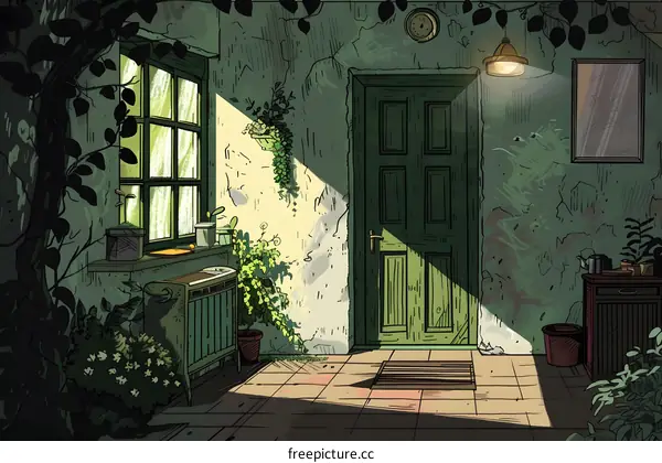 Green Doorway with Plants and Sunlight