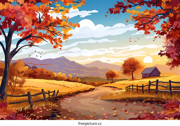 Autumn Landscape with Cabin and Mountains