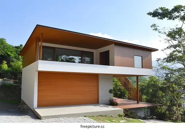 Modern House with Wood Siding and a Large Garage Door