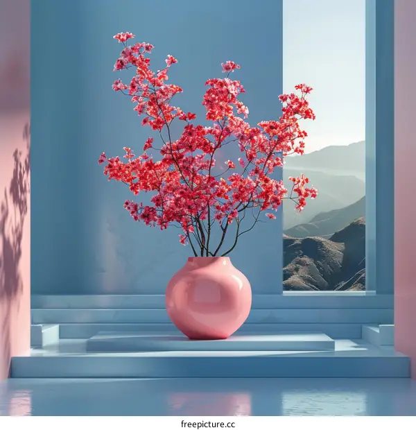 Bouquet of Pink Flowers in Vase in Front of Blue Wall
