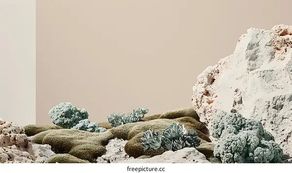 Abstract Landscape with Green Plants and Rocks