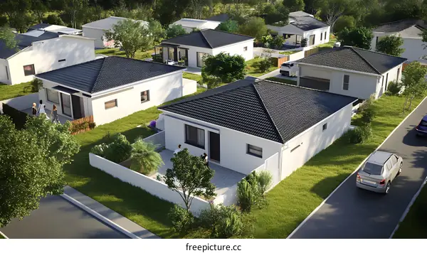 Aerial View of Modern Suburban Homes with Family in the Backyard