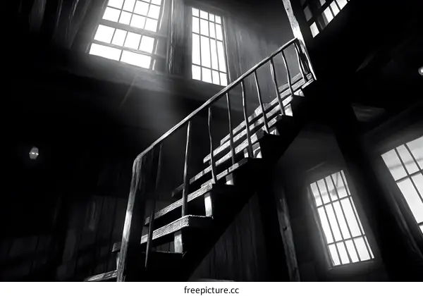 Black and White Photo of a Wooden Staircase in a Dark Room