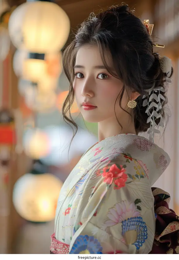 Young Asian Woman in Kimono at a Japanese Festival