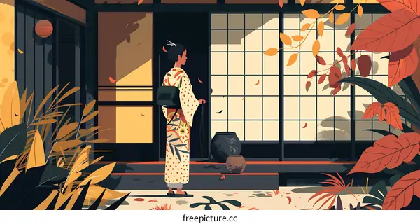 Woman in Kimono Standing at the Entrance of a Traditional Japanese House
