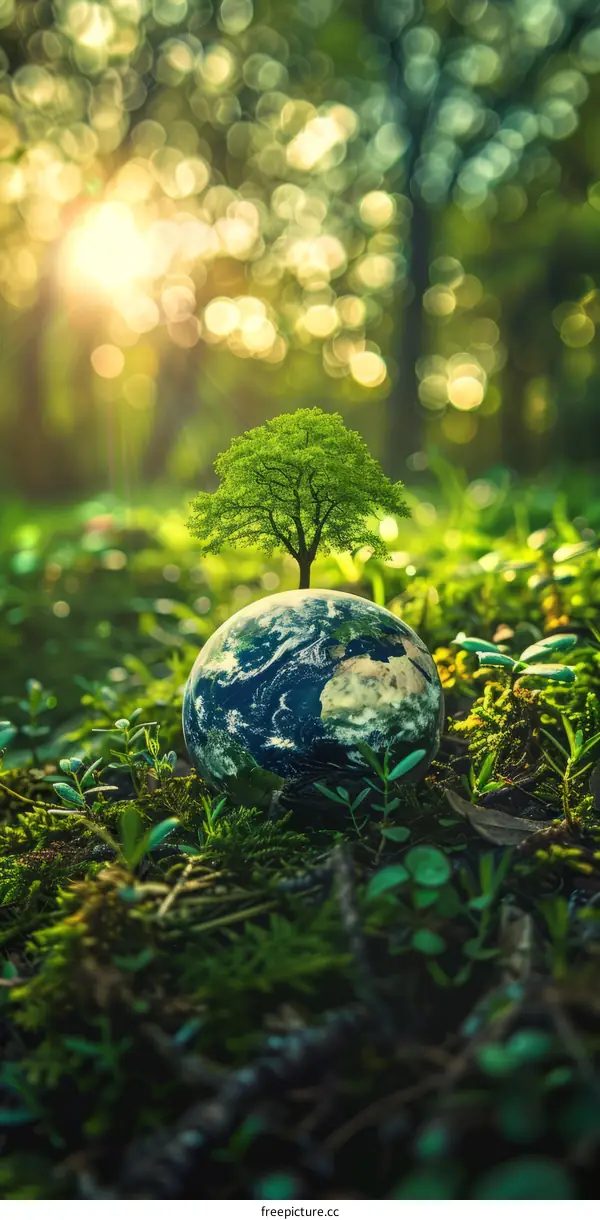 Green earth with a small tree growing on it