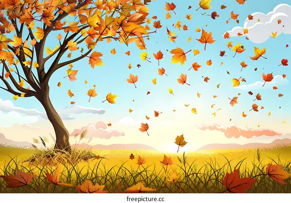 Autumn Landscape with Falling Leaves