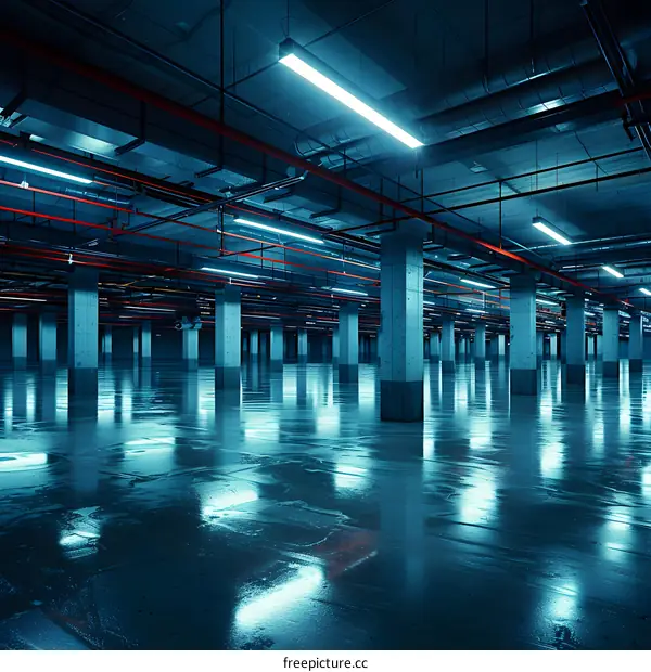 Empty Concrete Parking Garage With Blue Lights