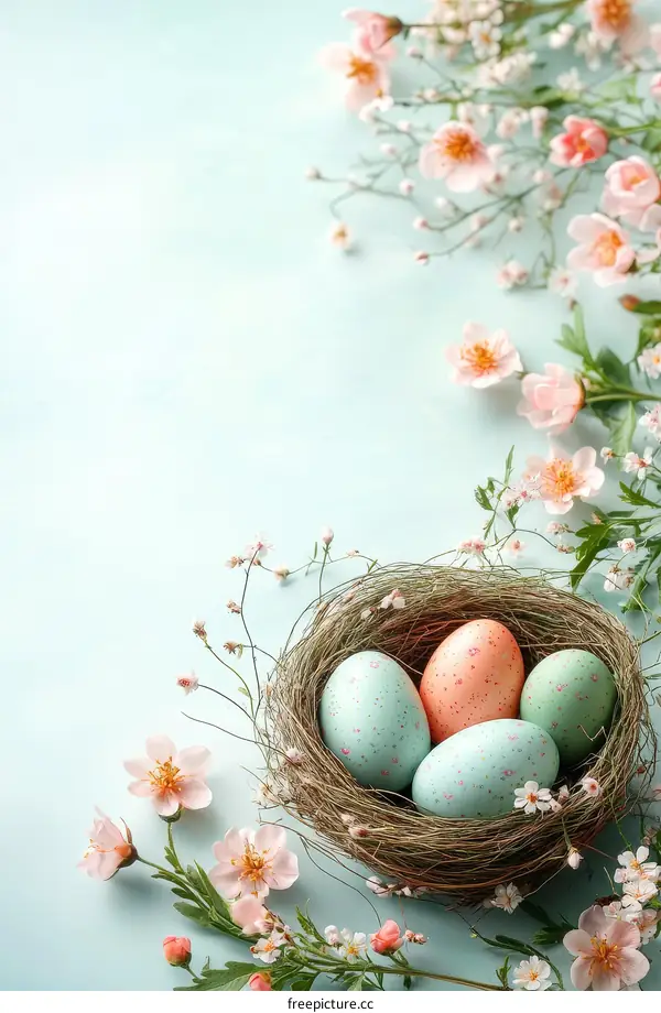 Pastel Easter Eggs in a Nest with Flowers