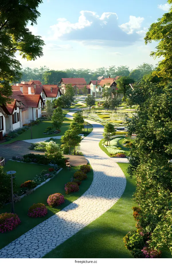 Stone Path Through a Green Village