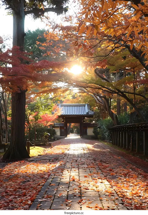 Autumn Path through Japanese Temple Gate