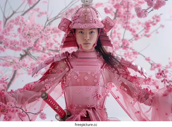 A young samurai woman in pink armor stands in a blooming cherry blossom field.