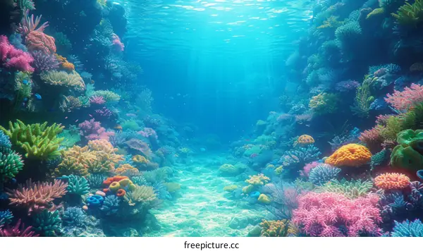 Underwater coral reef with a sandy path in the middle