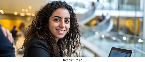 Smiling Middle Eastern Woman Working on a Laptop in a Modern Office Building