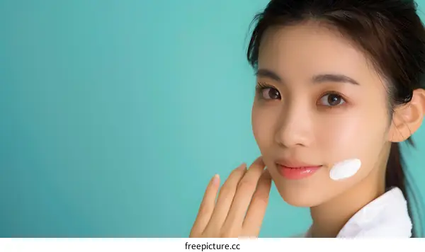 Beautiful Woman Applying Face Cream on Turquoise Background