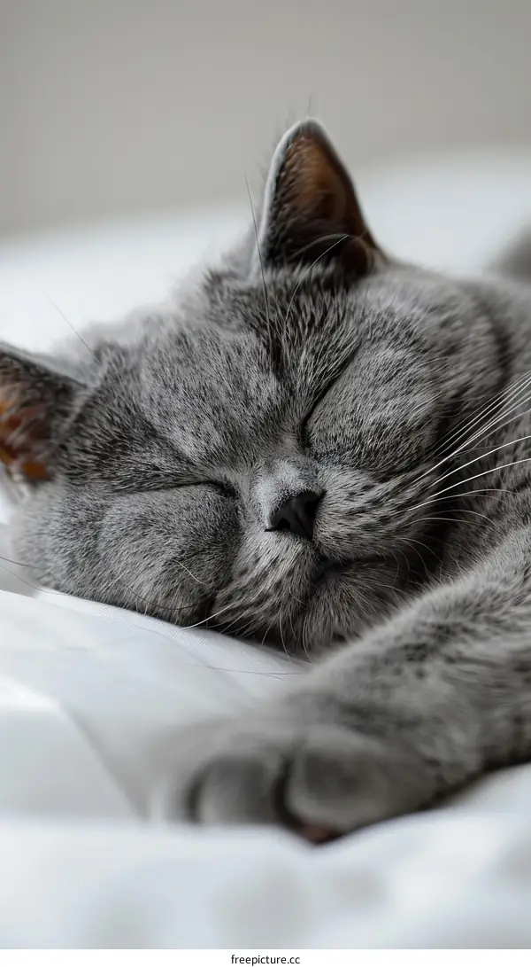 A gray cat is sleeping on a white bed