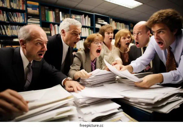A group of people looking at a stack of papers in shock
