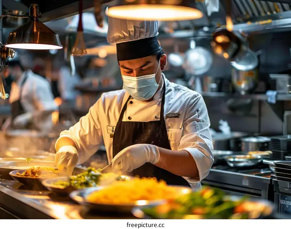 Chef wearing a mask and gloves while preparing food in a commercial kitchen
