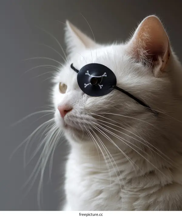 A white cat wearing an eye patch with a skull and crossbones on it.