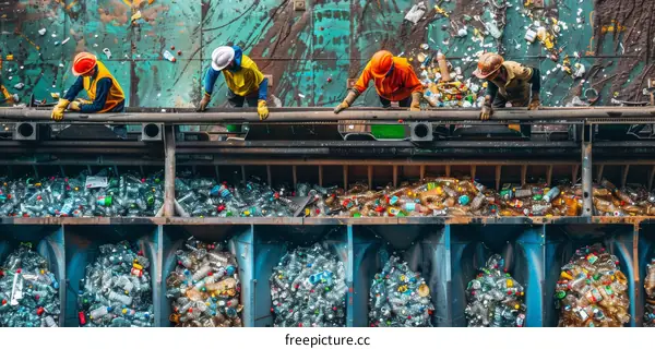 Four workers are sorting through a large pile of recyclable materials.