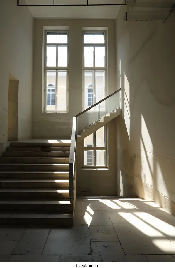 Stairwell With Sunlight Streaming Through Windows