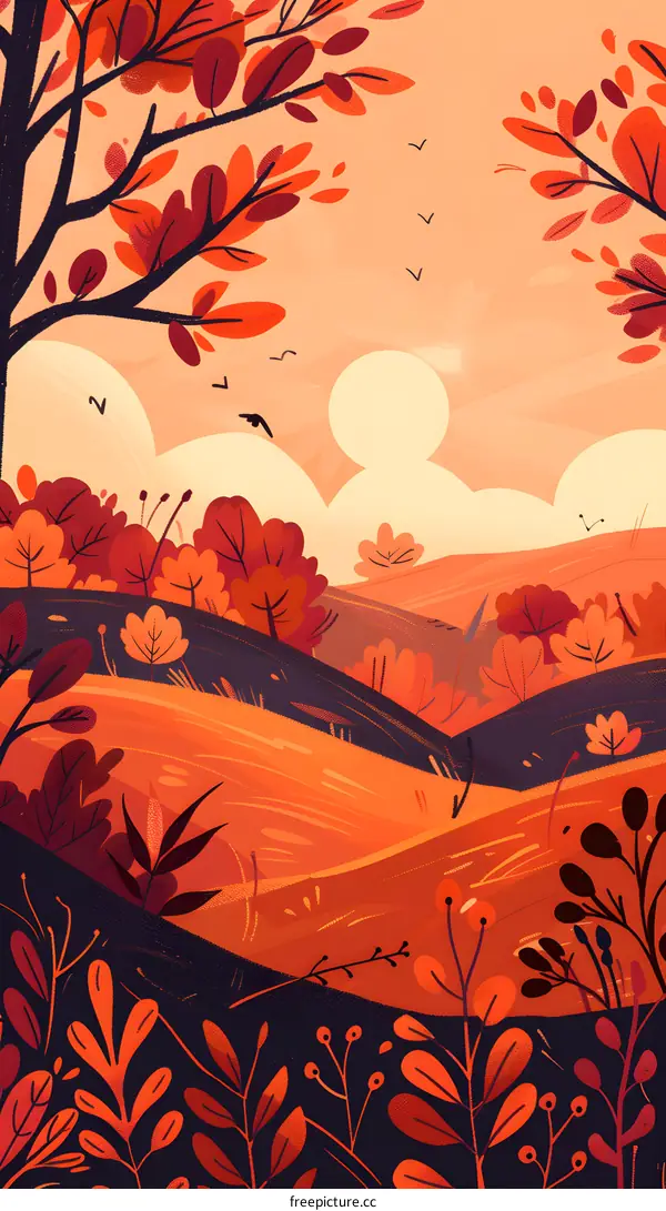 Autumn Landscape with Birds and Trees Illustration