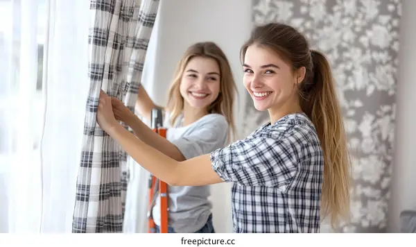Two Young Women Hanging Curtains in a Room