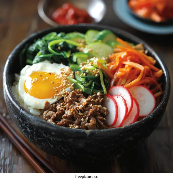 Korean Bibimbap: Rice with Beef, Egg and Vegetables