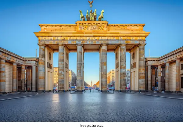 The Brandenburg Gate is a monumental building in the center of Berlin