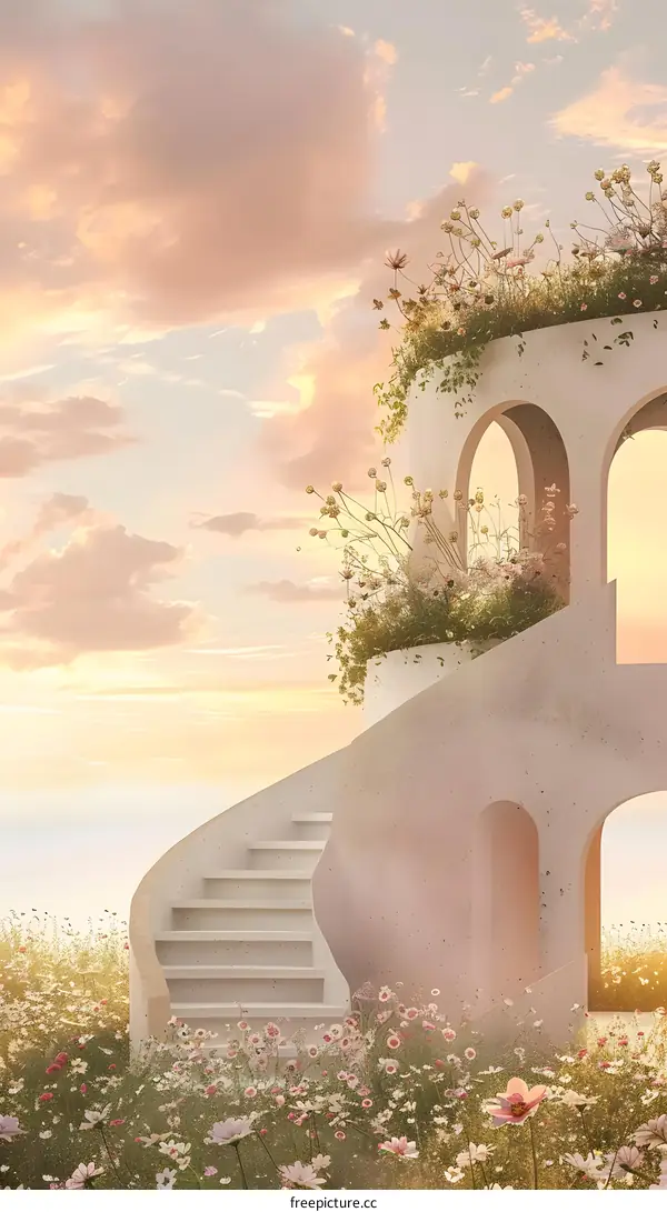 White Stairs and Arched Windows in a Flower Garden at Sunset