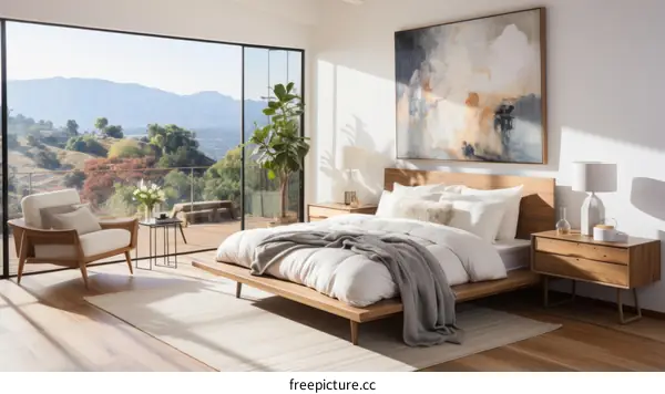 Modern bedroom with a large bed, a chair, and a painting