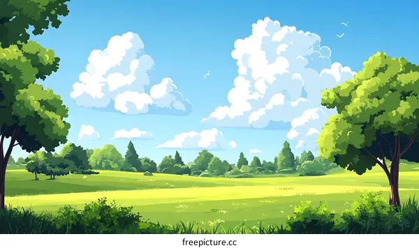 Green Meadow with Blue Sky and White Clouds