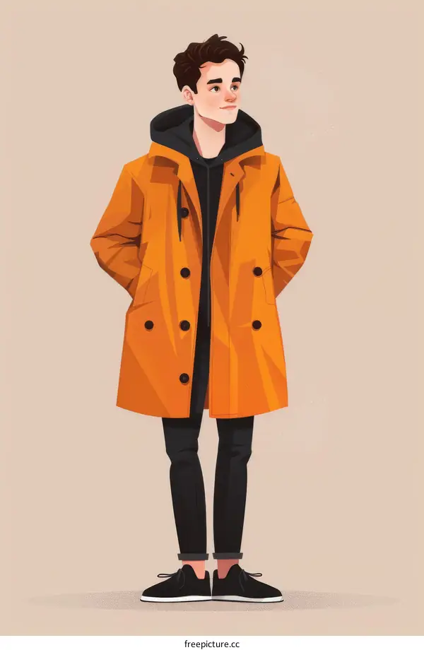 A young man wearing an orange coat and black pants